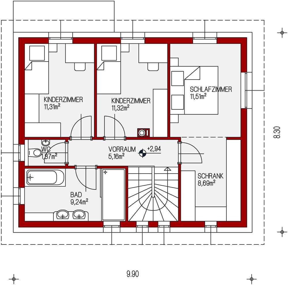 Planungsvorschlag Ziegelmassivhaus Sottile OG